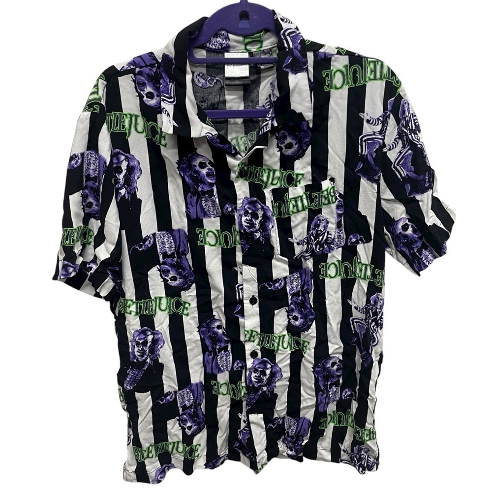 Beetlejuice Mens Striped Graphic Print Rayon short Sleeve Shirt size medium